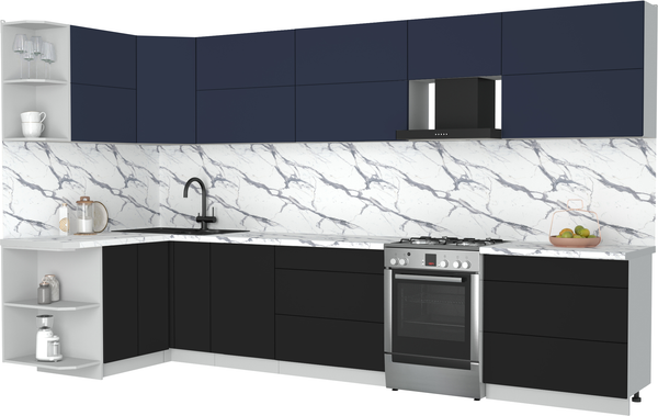 Изображение товара Кухонный гарнитур Интерлиния Мила Матте 1.5x3.6 Б (индиго/черный/белый гранит)