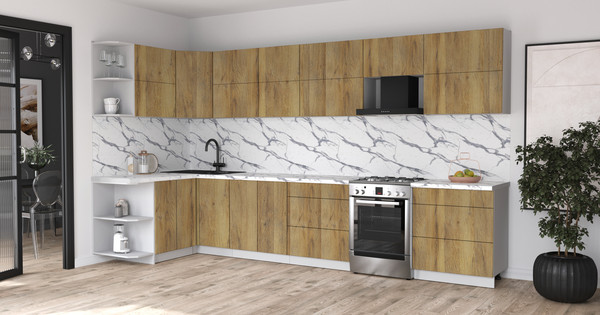 Изображение товара Кухонный гарнитур Интерлиния Мила Матте 1.5x3.7 Б (дуб вотан/дуб вотан/белый гранит)