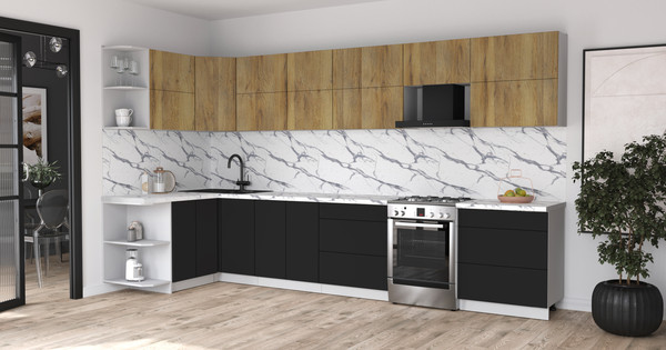 Изображение товара Кухонный гарнитур Интерлиния Мила Матте 1.5x3.7 Б (дуб вотан/черный/белый гранит)