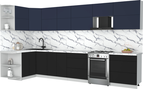 Изображение товара Кухонный гарнитур Интерлиния Мила Матте 1.5x3.7 Б (индиго/черный/белый гранит)