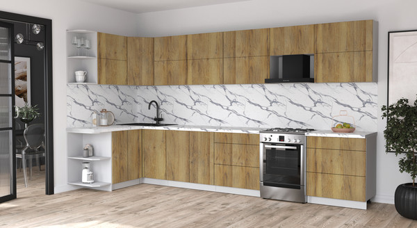 Изображение товара Кухонный гарнитур Интерлиния Мила Матте 1.5x3.8 Б (дуб вотан/дуб вотан/белый гранит)