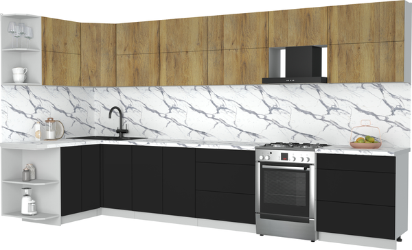 Изображение товара Кухонный гарнитур Интерлиния Мила Матте 1.5x3.8 Б (дуб вотан/черный/белый гранит)