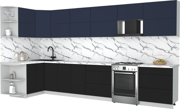 Изображение товара Кухонный гарнитур Интерлиния Мила Матте 1.5x3.8 Б (индиго/черный/белый гранит)