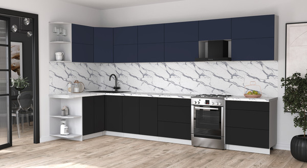 Изображение товара Кухонный гарнитур Интерлиния Мила Матте 1.5x3.8 Б (индиго/черный/белый гранит)