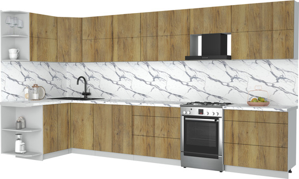 Изображение товара Кухонный гарнитур Интерлиния Мила Матте 1.5x3.9 Б (дуб вотан/дуб вотан/белый гранит)