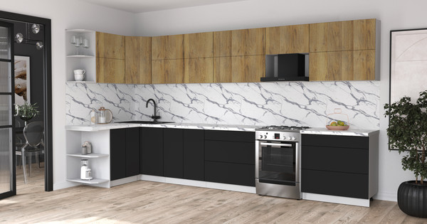 Изображение товара Кухонный гарнитур Интерлиния Мила Матте 1.5x3.9 Б (дуб вотан/черный/белый гранит)