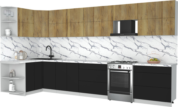 Изображение товара Кухонный гарнитур Интерлиния Мила Матте 1.5x3.9 Б (дуб вотан/черный/белый гранит)