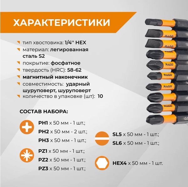 Изображение товара Набор бит Vira S2 PH PZ SL HEXx50мм / 554194 (10шт)