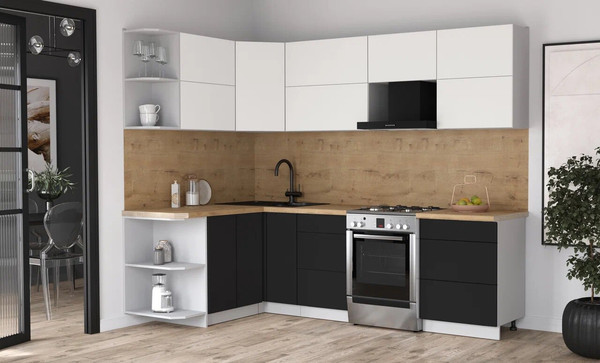 Изображение товара Кухонный гарнитур Интерлиния Мила Матте 1.5x2.6 Б (белый/черный/дуб бунратти)