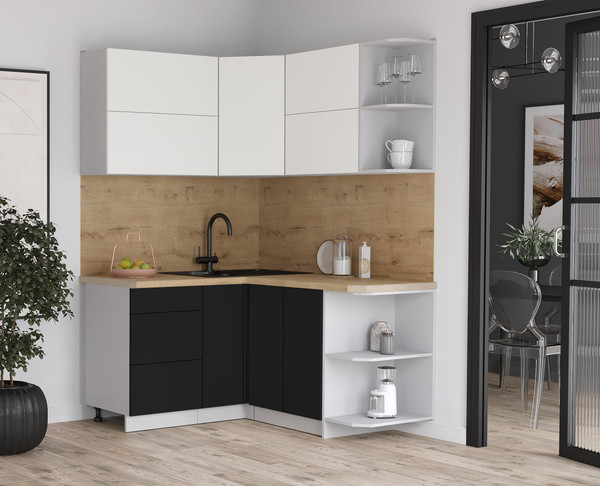 Изображение товара Кухонный гарнитур Интерлиния Мила Матте 1.5x1.4 А PR (белый/черный/дуб бунратти)