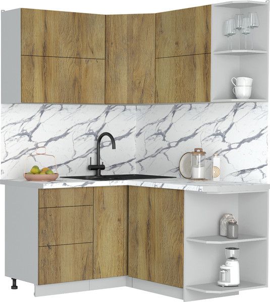 Изображение товара Кухонный гарнитур Интерлиния Мила Матте 1.5x1.4 А PR (дуб вотан/дуб вотан/белый гранит)
