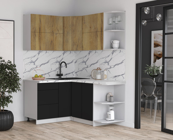 Изображение товара Кухонный гарнитур Интерлиния Мила Матте 1.5x1.4 А PR (дуб вотан/черный/белый гранит)