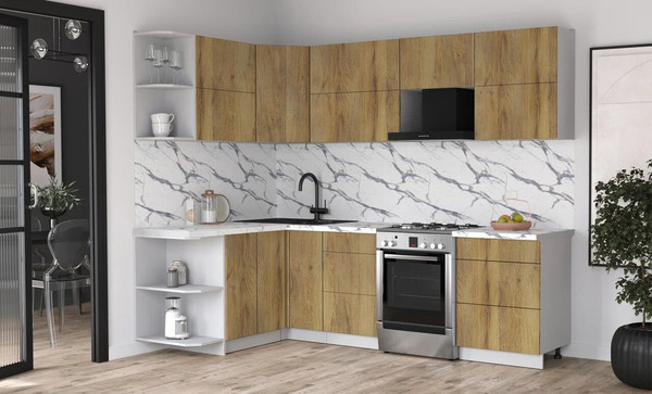 Изображение товара Кухонный гарнитур Интерлиния Мила Матте 1.5x2.6 Б (дуб вотан/дуб вотан/белый гранит)