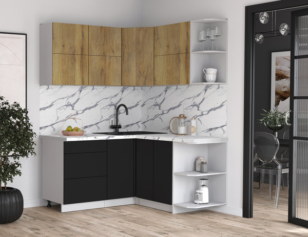 Изображение товара Кухонный гарнитур Интерлиния Мила Матте 1.5x1.6 А PR (дуб вотан/черный/белый гранит)
