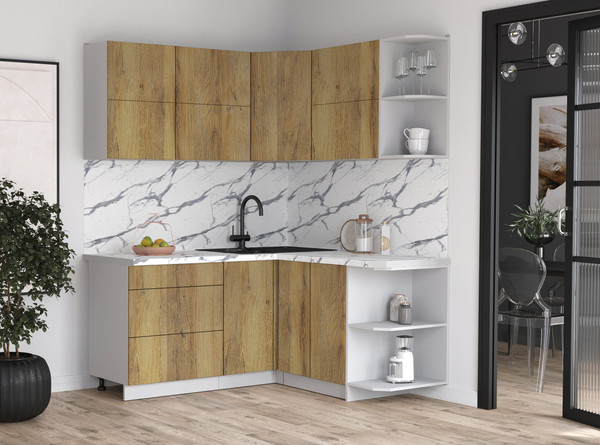 Изображение товара Кухонный гарнитур Интерлиния Мила Матте 1.5x1.7 А PR (дуб вотан/дуб вотан/белый гранит)