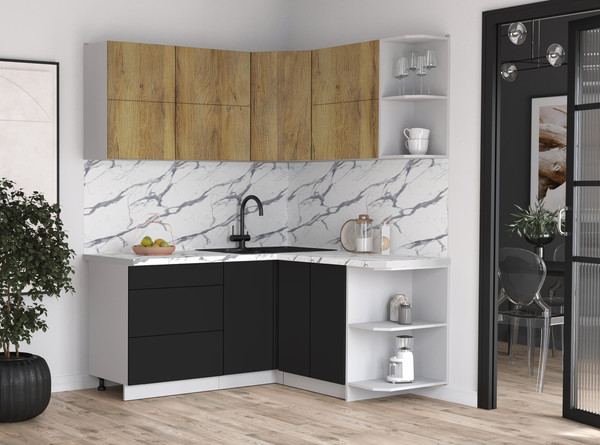 Изображение товара Кухонный гарнитур Интерлиния Мила Матте 1.5x1.7 А PR (дуб вотан/черный/белый гранит)