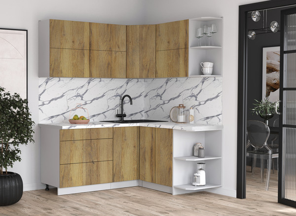 Изображение товара Кухонный гарнитур Интерлиния Мила Матте 1.5x1.8 А PR (дуб вотан/дуб вотан/белый гранит)