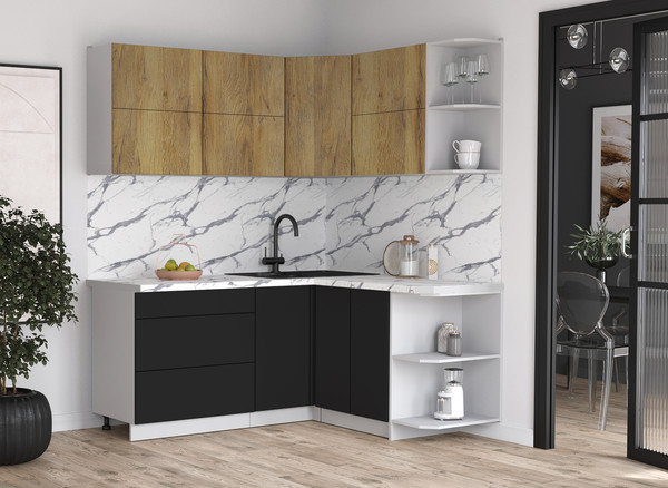 Изображение товара Кухонный гарнитур Интерлиния Мила Матте 1.5x1.8 А PR (дуб вотан/черный/белый гранит)
