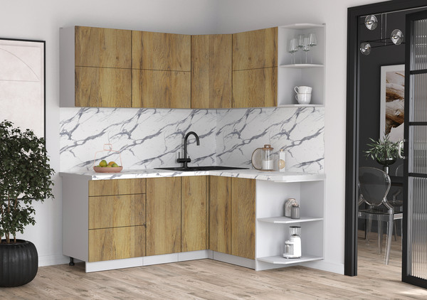 Изображение товара Кухонный гарнитур Интерлиния Мила Матте 1.5x1.9 А PR (дуб вотан/дуб вотан/белый гранит)