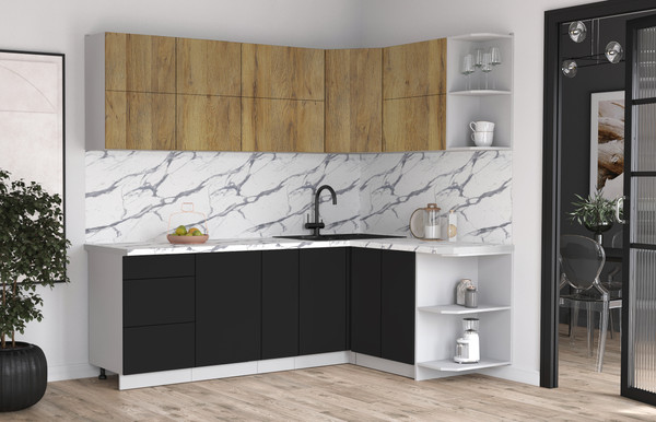 Изображение товара Кухонный гарнитур Интерлиния Мила Матте 1.5x2.3 А PR (дуб вотан/черный/белый гранит)