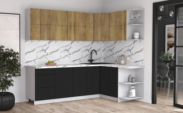 Изображение товара Кухонный гарнитур Интерлиния Мила Матте 1.5x2.4 А PR (дуб вотан/черный/белый гранит)