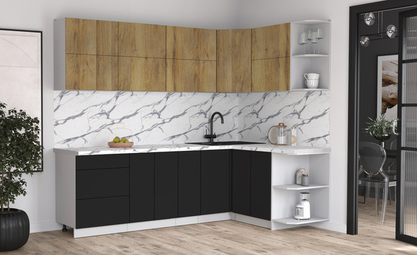Изображение товара Кухонный гарнитур Интерлиния Мила Матте 1.5x2.5 А PR (дуб вотан/черный/белый гранит)