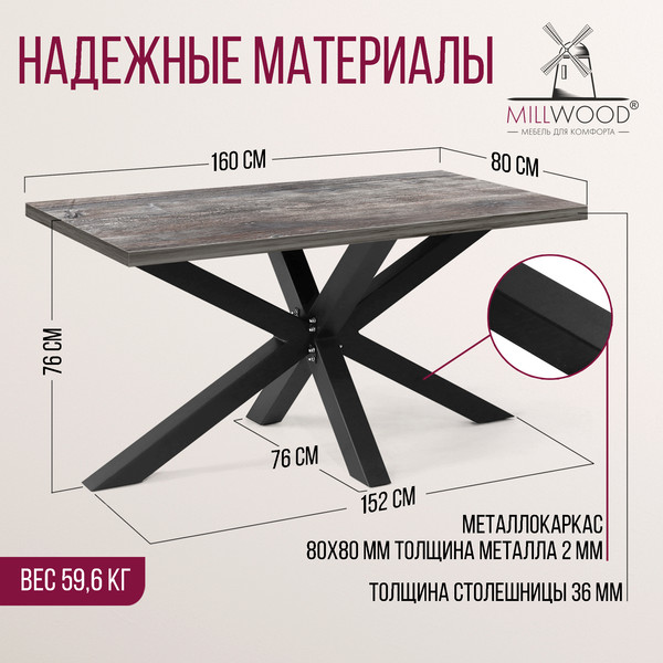 Изображение товара Обеденный стол Millwood Кейптаун 160x80 (сосна пасадена/металл черный)