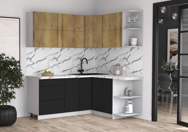 Изображение товара Кухонный гарнитур Интерлиния Мила Матте 1.5x1.9 А PR (дуб вотан/черный/белый гранит)