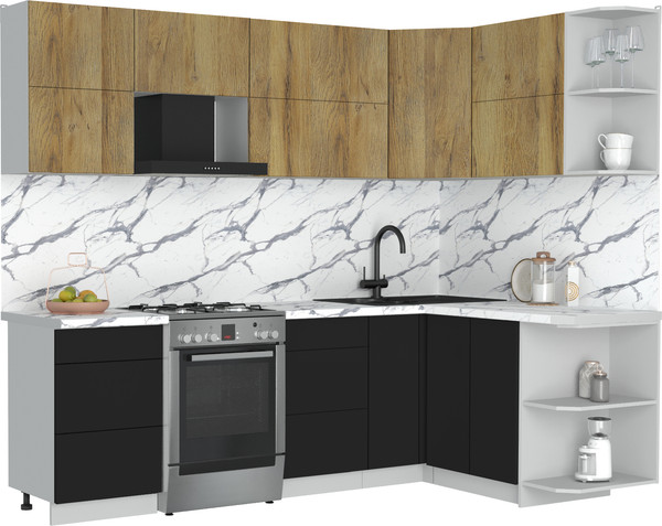 Изображение товара Кухонный гарнитур Интерлиния Мила Матте 1.5x2.5 Б PR (дуб вотан/черный/белый гранит)