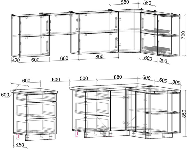 Изображение товара Кухонный гарнитур Интерлиния Мила Матте 1.5x2.6 Б PR (дуб вотан/дуб вотан/белый гранит)