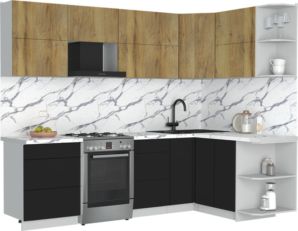 Изображение товара Кухонный гарнитур Интерлиния Мила Матте 1.5x2.6 Б PR (дуб вотан/черный/белый гранит)
