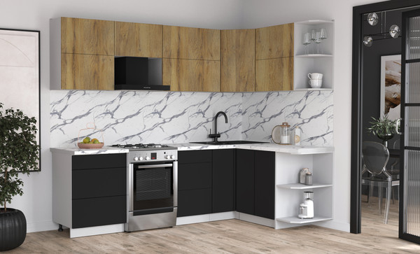 Изображение товара Кухонный гарнитур Интерлиния Мила Матте 1.5x2.6 Б PR (дуб вотан/черный/белый гранит)