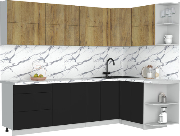 Изображение товара Кухонный гарнитур Интерлиния Мила Матте 1.5x2.7 А PR (дуб вотан/черный/белый гранит)