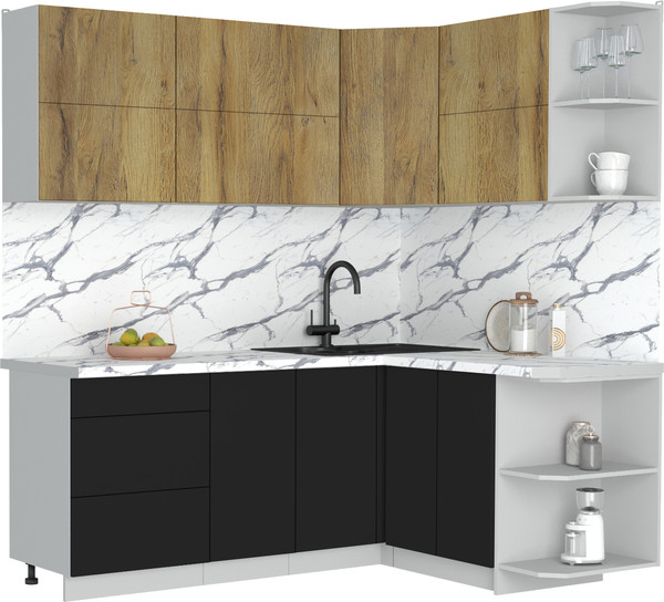Изображение товара Кухонный гарнитур Интерлиния Мила Матте 1.5x2.0 А PR (дуб вотан/черный/белый гранит)