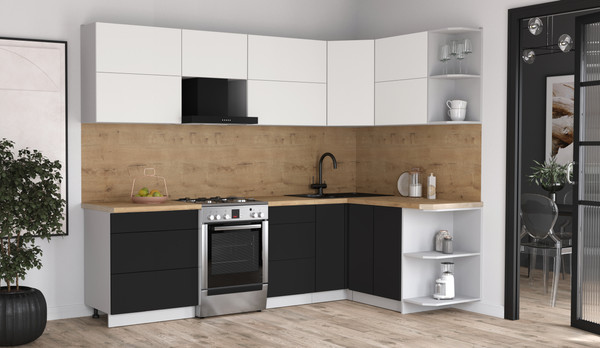 Изображение товара Кухонный гарнитур Интерлиния Мила Матте 1.5x2.7 Б PR (белый/черный/дуб бунратти)