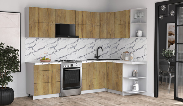 Изображение товара Кухонный гарнитур Интерлиния Мила Матте 1.5x2.7 Б PR (дуб вотан/дуб вотан/белый гранит)