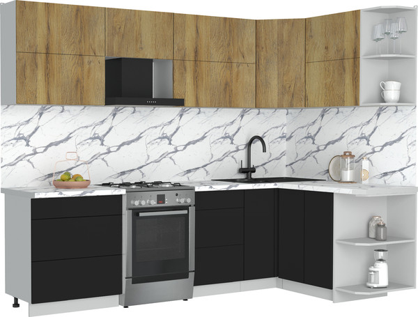 Изображение товара Кухонный гарнитур Интерлиния Мила Матте 1.5x2.7 Б PR (дуб вотан/черный/белый гранит)