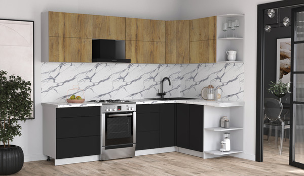 Изображение товара Кухонный гарнитур Интерлиния Мила Матте 1.5x2.7 Б PR (дуб вотан/черный/белый гранит)