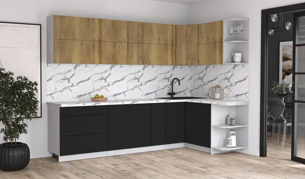 Изображение товара Кухонный гарнитур Интерлиния Мила Матте 1.5x2.9 А PR (дуб вотан/черный/белый гранит)