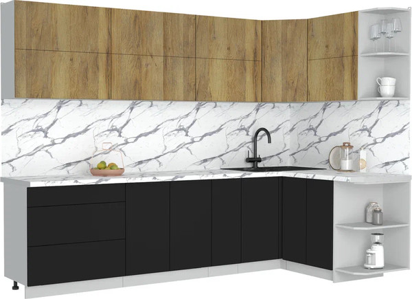 Изображение товара Кухонный гарнитур Интерлиния Мила Матте 1.5x2.9 А PR (дуб вотан/черный/белый гранит)