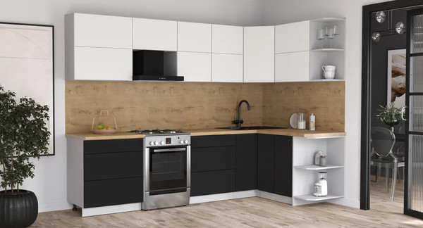 Изображение товара Кухонный гарнитур Интерлиния Мила Матте 1.5x2.9 Б PR (белый/черный/дуб бунратти)