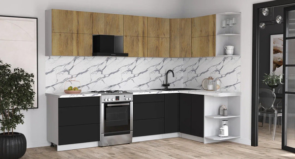 Изображение товара Кухонный гарнитур Интерлиния Мила Матте 1.5x2.9 Б PR (дуб вотан/черный/белый гранит)