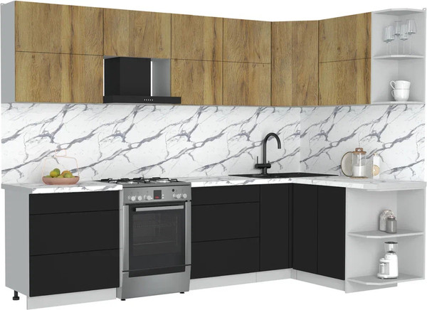 Изображение товара Кухонный гарнитур Интерлиния Мила Матте 1.5x2.9 Б PR (дуб вотан/черный/белый гранит)