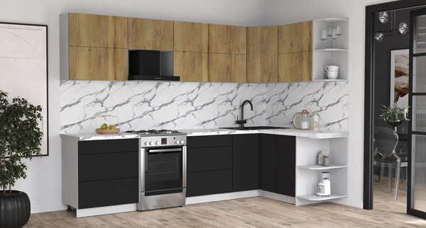 Изображение товара Кухонный гарнитур Интерлиния Мила Матте 1.5x3.0 Б PR (дуб вотан/черный/белый гранит)