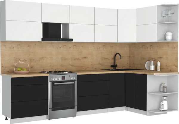 Изображение товара Кухонный гарнитур Интерлиния Мила Матте 1.5x3.1 Б PR (белый/черный/дуб бунратти)