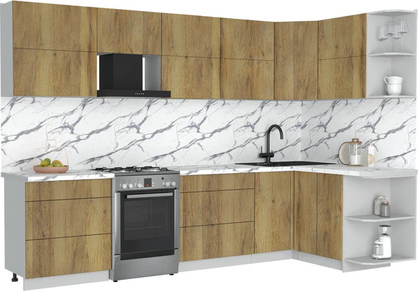 Изображение товара Кухонный гарнитур Интерлиния Мила Матте 1.5x3.1 Б PR (дуб вотан/дуб вотан/белый гранит)