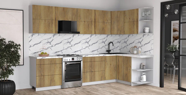 Изображение товара Кухонный гарнитур Интерлиния Мила Матте 1.5x3.1 Б PR (дуб вотан/дуб вотан/белый гранит)