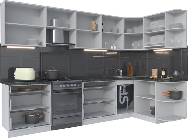 Изображение товара Кухонный гарнитур Интерлиния Мила Матте 1.5x3.1 Б PR (дуб вотан/черный/белый гранит)