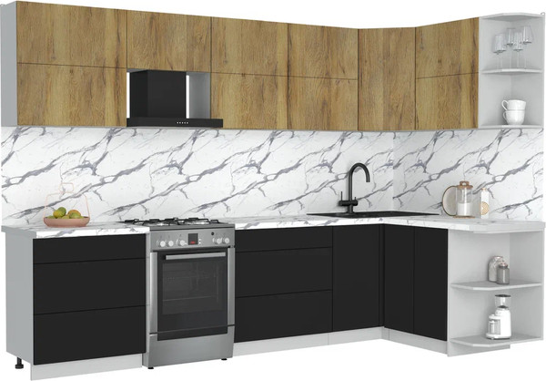 Изображение товара Кухонный гарнитур Интерлиния Мила Матте 1.5x3.1 Б PR (дуб вотан/черный/белый гранит)