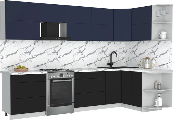 Изображение товара Кухонный гарнитур Интерлиния Мила Матте 1.5x3.1 Б PR (индиго/черный/белый гранит)